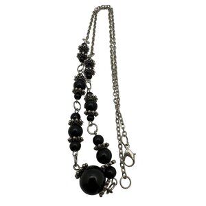 Black Glass Beads Chain Necklace Silver-Tone Metal Accents Fashion Accessory